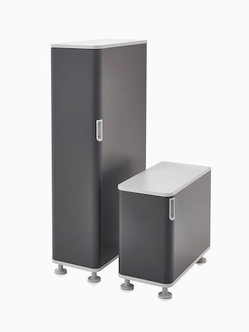 Two Atlas Storage units in black with white tops.